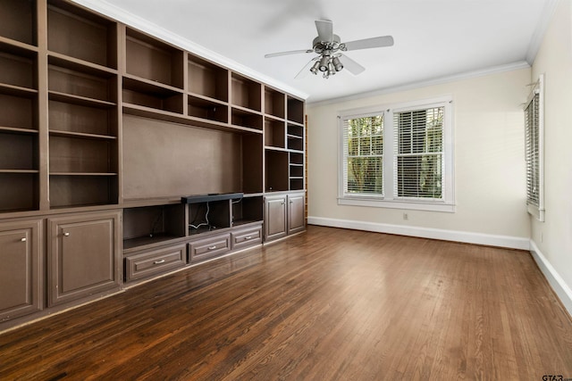 unfurnished living room featuring ornamental molding, dark hardwood / wood-style floors, and ceiling fan