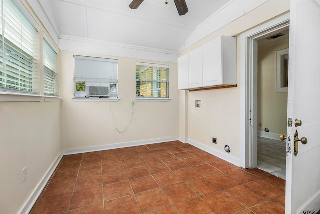 clothes washing area featuring electric dryer hookup, cabinets, ceiling fan, crown molding, and hookup for a washing machine