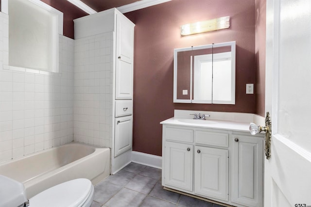 full bathroom with tile patterned flooring, vanity, tiled shower / bath combo, and toilet