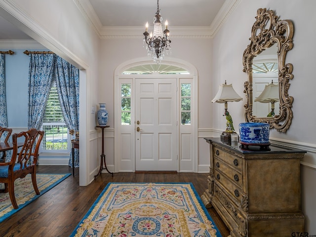 foyer entrance with dark hardwood / wood-style flooring, ornamental molding, a chandelier, and a wealth of natural light