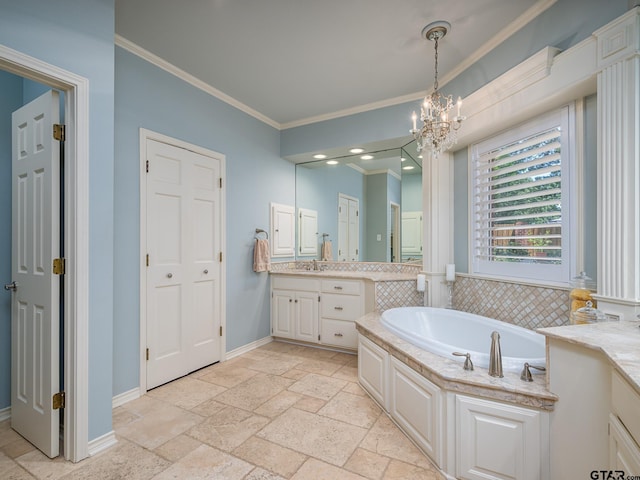 bathroom featuring vanity, crown molding, a notable chandelier, and a tub