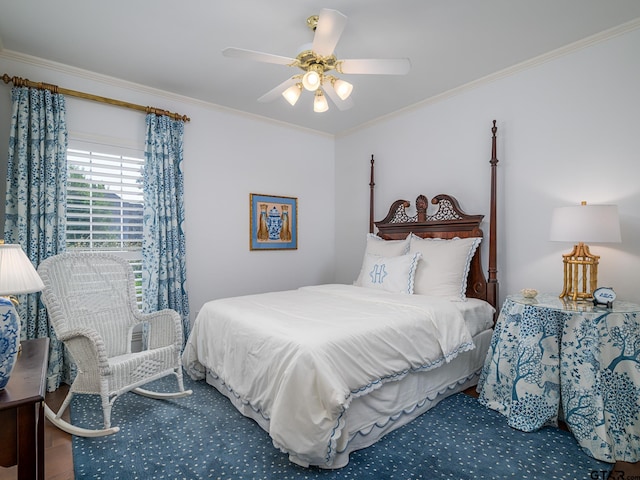 bedroom featuring ceiling fan and crown molding