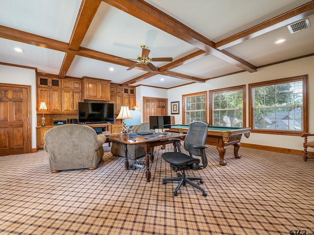 carpeted office featuring coffered ceiling, billiards, ceiling fan, and beamed ceiling