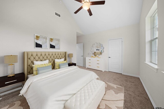 113 Hay Mdw, Winona, TX 75792 - carpeted bedroom featuring high vaulted ceiling, a ceiling fan, and baseboards