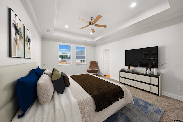 113 Hay Mdw, Winona, TX 75792 - bedroom featuring a raised ceiling, ornamental molding, recessed lighting, carpet flooring, and ceiling fan