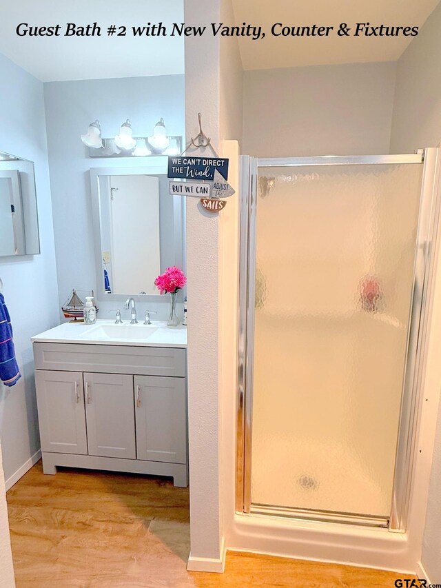 237 Oregon St, Van, TX 75790 - bathroom featuring wood finished floors, vanity, and a shower stall
