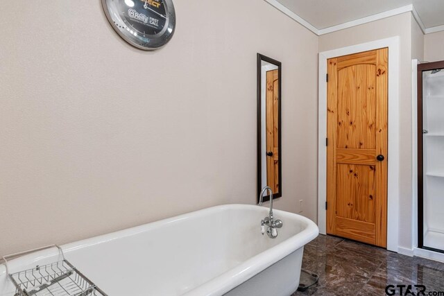 15200 W US Highway 175, Eustace, TX 75124 - bathroom featuring a freestanding bath, marble tiled flooring, and crown molding
