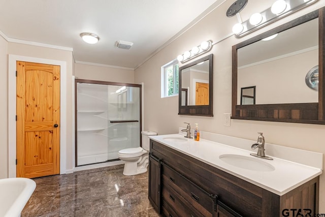 15200 W US Highway 175, Eustace, TX 75124 - full bathroom featuring marble tiled floors, a stall shower, double vanity, and crown molding