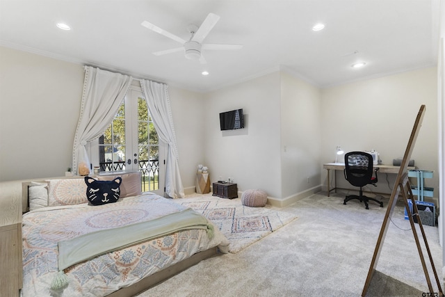 2205 Kingsmill Cir, Tyler, TX 75703 - carpeted bedroom featuring french doors, crown molding, recessed lighting, access to outside, and baseboards
