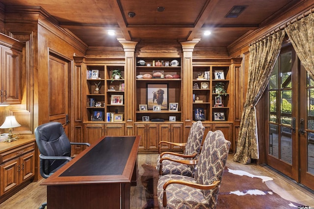 2205 Kingsmill Cir, Tyler, TX 75703 - office space with built in shelves, wooden ceiling, visible vents, and wood walls