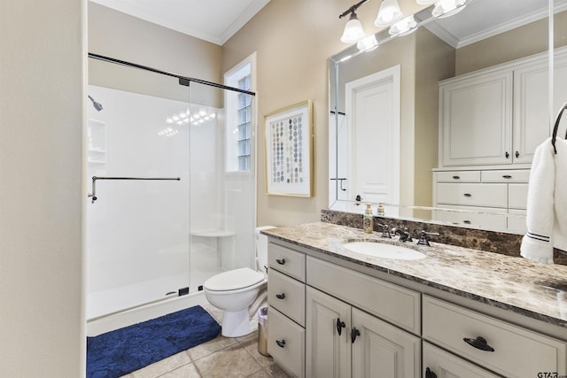 2205 Kingsmill Cir, Tyler, TX 75703 - full bathroom featuring ornamental molding, a stall shower, vanity, and toilet