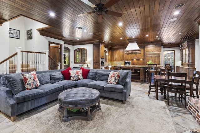 2205 Kingsmill Cir, Tyler, TX 75703 - living area with wooden ceiling, ornamental molding, and recessed lighting
