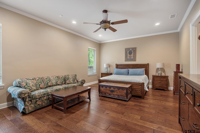 bedroom featuring wood-type flooring, crown molding, baseboards, recessed lighting, and a ceiling fan