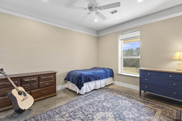 bedroom featuring ceiling fan and ornamental molding