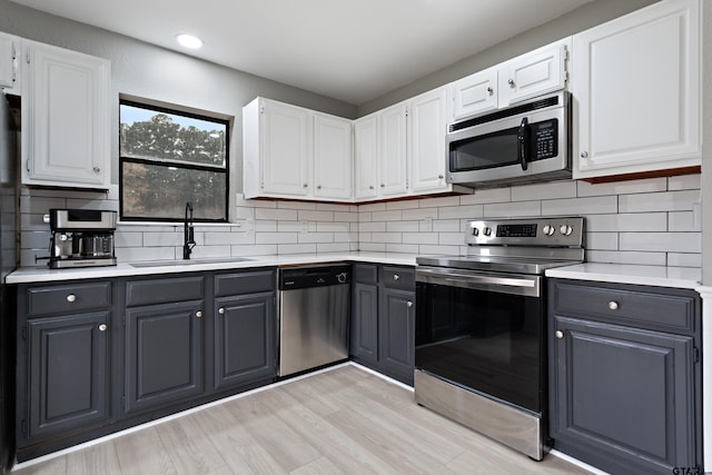 kitchen with decorative backsplash, sink, stainless steel appliances, and white cabinetry