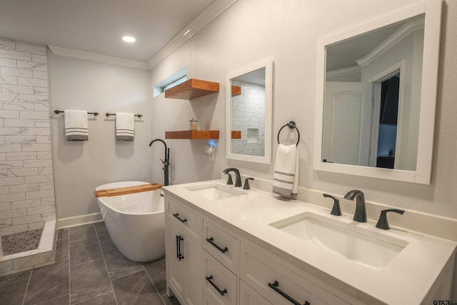 5734 Mustang Trl, Tyler, TX 75707 - bathroom with ornamental molding, a freestanding tub, a tile shower, double vanity, and baseboards