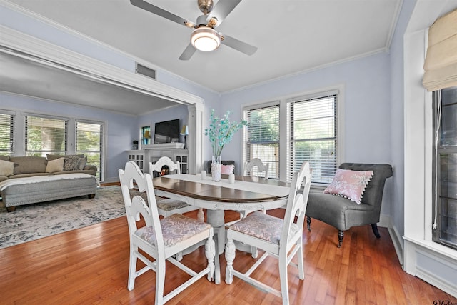 dining room with ceiling fan, light wood-type flooring, and ornamental molding