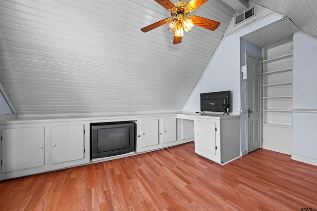 interior space with wooden ceiling, built in shelves, ceiling fan, lofted ceiling, and light wood-type flooring