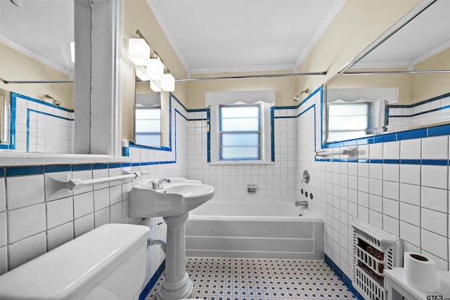 bathroom with tiled shower / bath, heating unit, crown molding, toilet, and tile walls