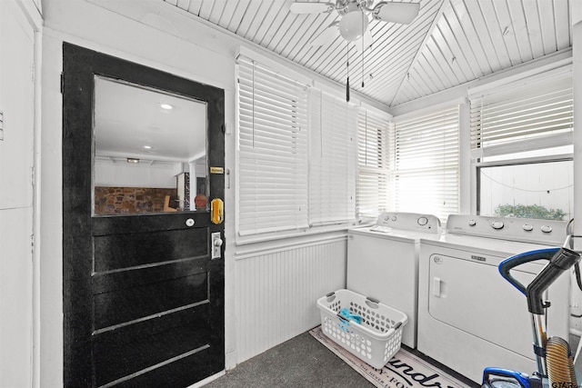 145 Rowland Pl, Tyler, TX 75701 - laundry room with separate washer and dryer, a ceiling fan, wainscoting, and carpet flooring