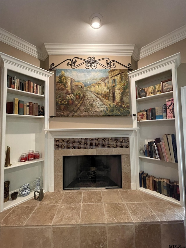 3617 Flagstone Dr, Tyler, TX 75707 - detailed view of a tile fireplace, ornamental molding, and built in shelves