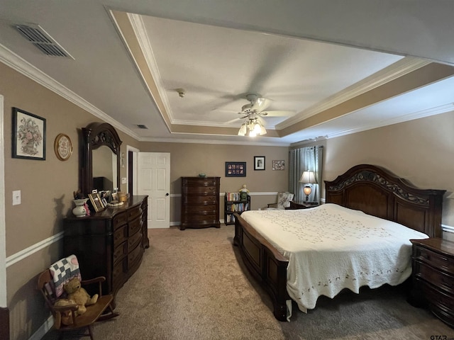 3617 Flagstone Dr, Tyler, TX 75707 - bedroom with a tray ceiling, crown molding, light carpet, and a ceiling fan