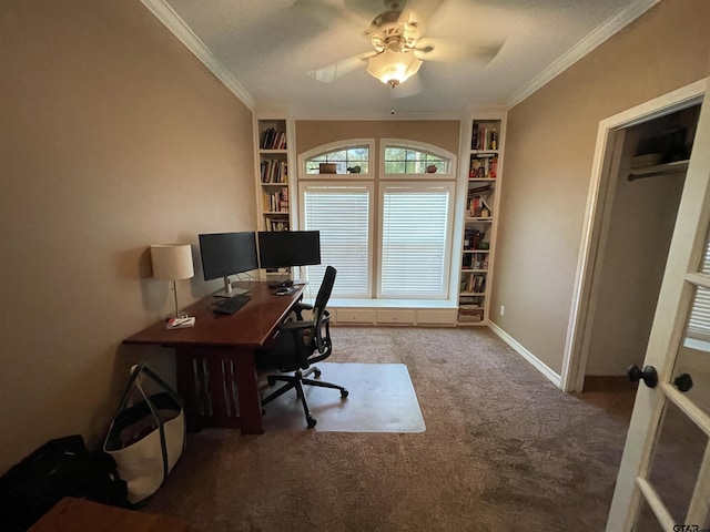 3617 Flagstone Dr, Tyler, TX 75707 - carpeted home office featuring ceiling fan, built in features, ornamental molding, and baseboards