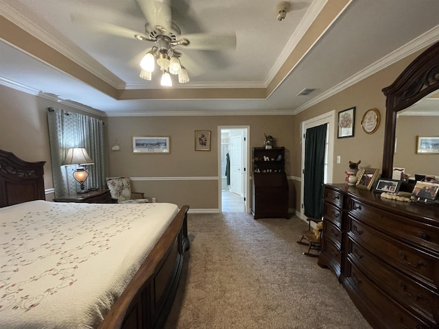 3617 Flagstone Dr, Tyler, TX 75707 - carpeted bedroom featuring a raised ceiling, crown molding, a ceiling fan, and baseboards