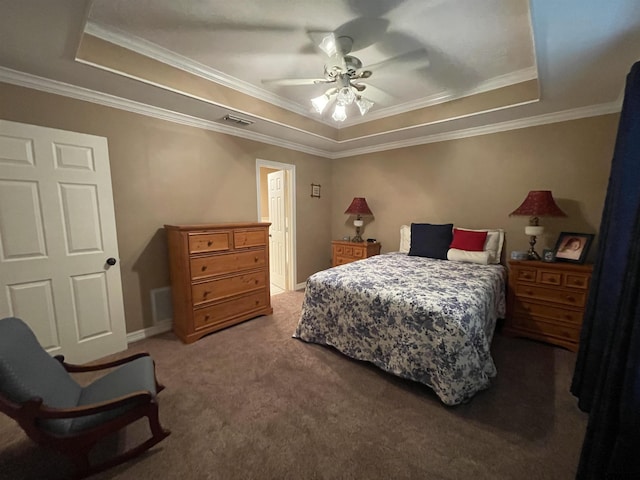 3617 Flagstone Dr, Tyler, TX 75707 - carpeted bedroom with a tray ceiling, crown molding, and a ceiling fan