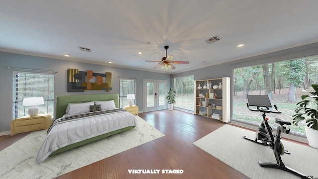 bedroom with hardwood / wood-style flooring, ceiling fan, access to outside, and french doors