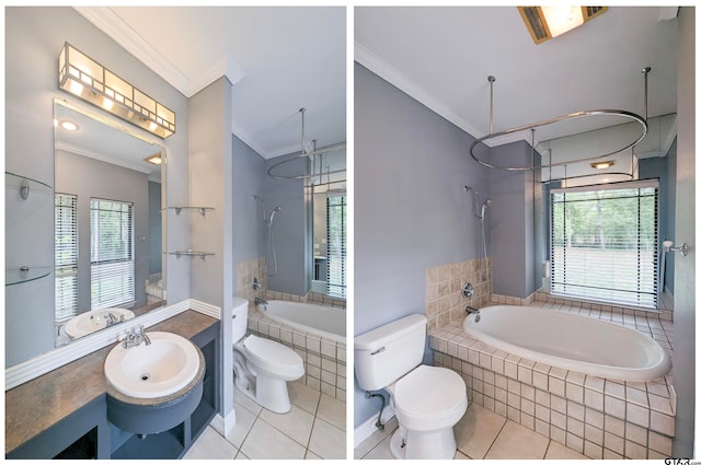 bathroom with tile patterned floors, a healthy amount of sunlight, toilet, and ornamental molding