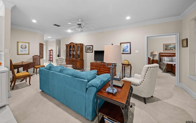 5810 Hollybrook Dr, Tyler, TX 75703 - living room with a ceiling fan, ornamental molding, recessed lighting, light colored carpet, and baseboards