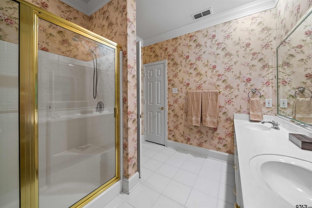 5810 Hollybrook Dr, Tyler, TX 75703 - bathroom featuring tile patterned floors, ornamental molding, a stall shower, double vanity, and baseboards