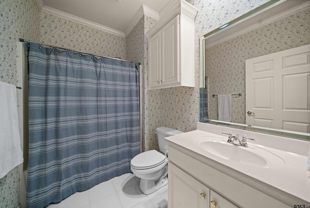 5810 Hollybrook Dr, Tyler, TX 75703 - full bathroom with wallpapered walls, ornamental molding, tile patterned flooring, toilet, and vanity