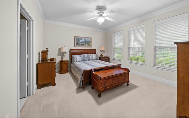 5810 Hollybrook Dr, Tyler, TX 75703 - bedroom featuring light colored carpet, ornamental molding, a ceiling fan, and baseboards