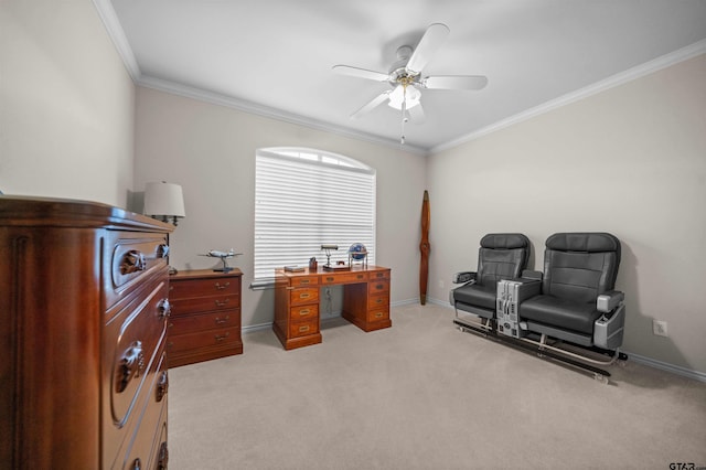 5810 Hollybrook Dr, Tyler, TX 75703 - home office featuring crown molding, ceiling fan, light colored carpet, and baseboards