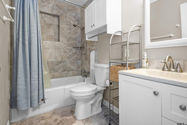 full bathroom featuring tile patterned floors, vanity, shower / bath combination with curtain, and toilet