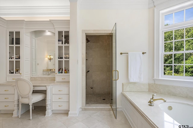 bathroom featuring tile patterned flooring, a wealth of natural light, crown molding, and independent shower and bath