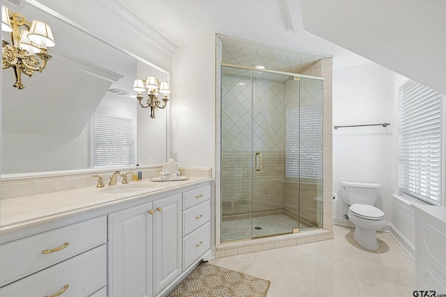 bathroom with toilet, tile patterned flooring, a notable chandelier, vanity, and a shower with shower door