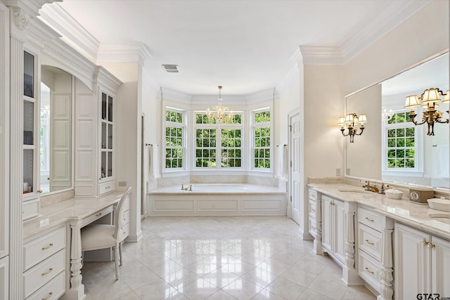 bathroom featuring plenty of natural light, an inviting chandelier, and ornamental molding