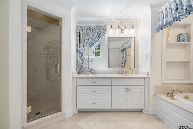 bathroom with shower with separate bathtub, crown molding, and vanity