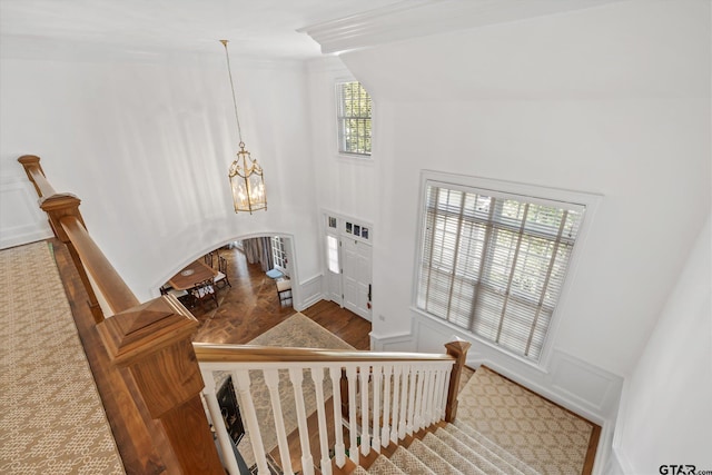 stairway featuring lofted ceiling, wood-type flooring, and a notable chandelier