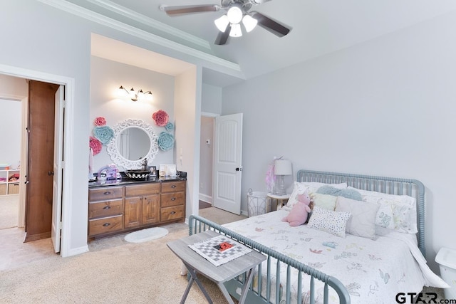 521 Susie St, Chandler, TX 75758 - bedroom featuring light colored carpet, crown molding, baseboards, and a ceiling fan