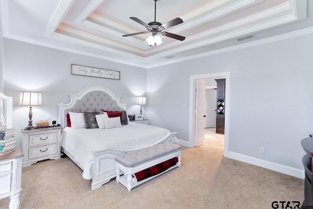 521 Susie St, Chandler, TX 75758 - bedroom featuring a tray ceiling, light colored carpet, crown molding, baseboards, and a ceiling fan