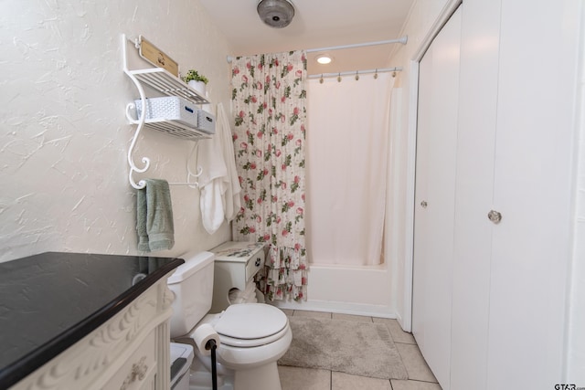 506 S King Lake Rd, Scroggins, TX 75480 - bathroom featuring toilet, shower / bath combination with curtain, tile patterned floors, vanity, and a textured wall