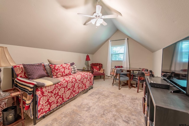 506 S King Lake Rd, Scroggins, TX 75480 - living room featuring light carpet, lofted ceiling, and a ceiling fan