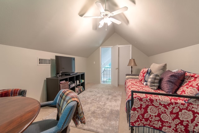 506 S King Lake Rd, Scroggins, TX 75480 - carpeted bedroom with lofted ceiling and ceiling fan
