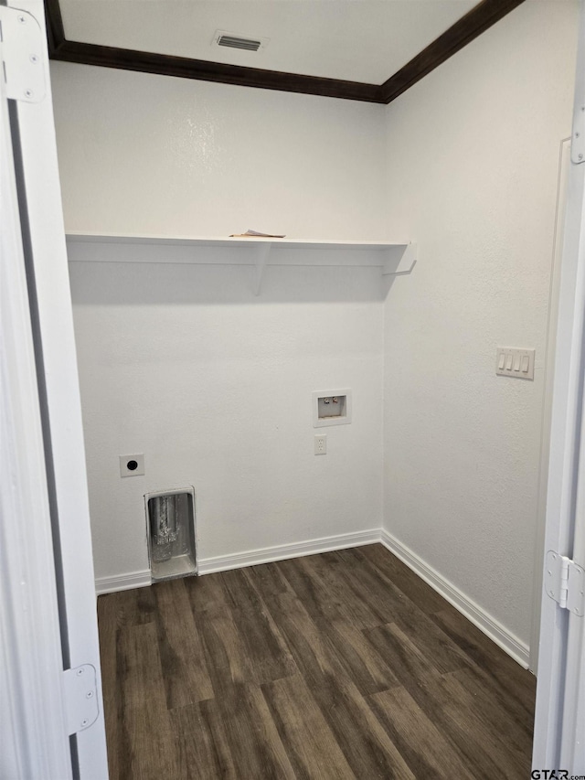 laundry area with ornamental molding, washer hookup, dark hardwood / wood-style floors, and electric dryer hookup