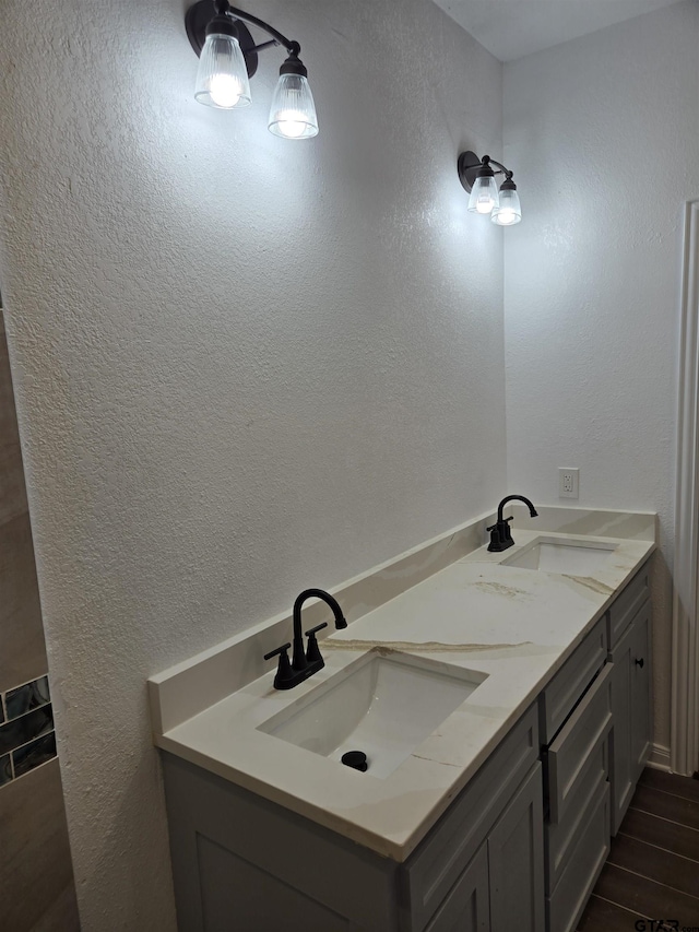 bathroom with hardwood / wood-style flooring and vanity