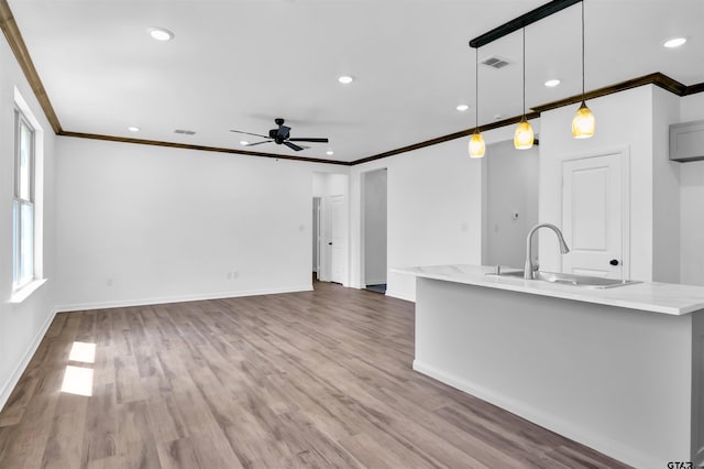 unfurnished living room with crown molding, wood finished floors, a ceiling fan, and a sink